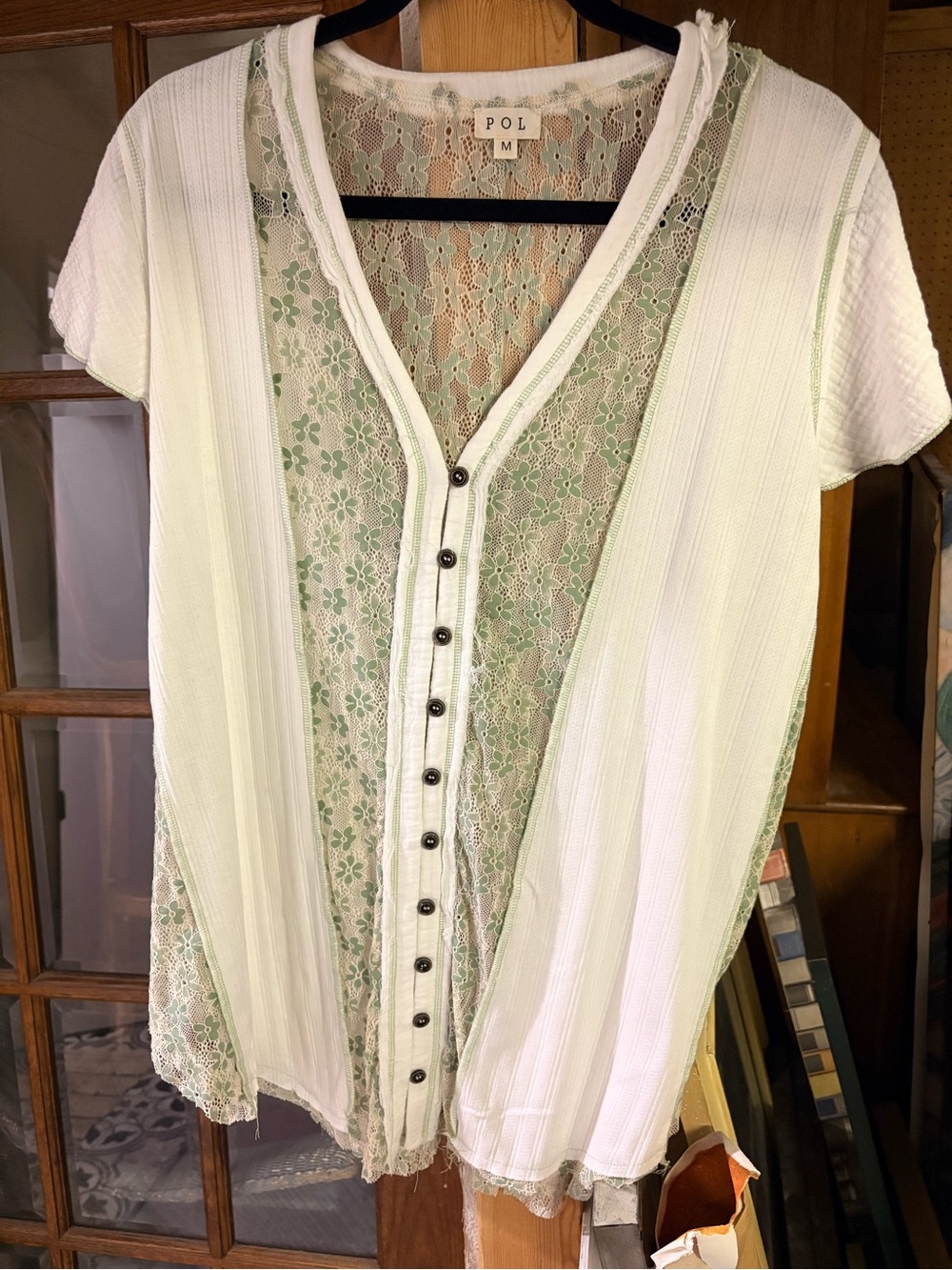 POL White and Light Green Lace-Trim Button Front Top